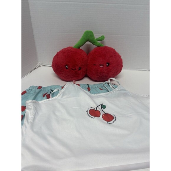 Women’s Sz XL Cherry Pj Set & Weighted Cherries Plush - Picture 1 of 10